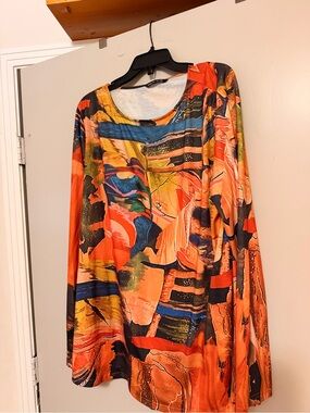 Noracora Abstract Multicolor Long Sleeve Women's Blouse - Orange Multi Plus Size